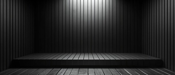 Empty dark wooden platform in a room.