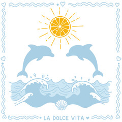 Cute cartoon dolphins jumping in blue ocean waves, a perfect summer illustration