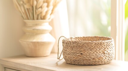 Fototapeta premium Woven Basket with Dried Flowers by Window Light