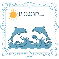 Cute cartoon dolphins jumping in blue ocean waves, a perfect summer illustration