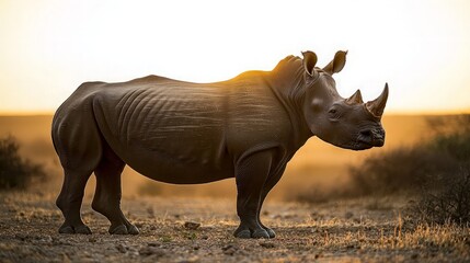 Fototapeta premium Rhino stands in savanna landscape at sunset