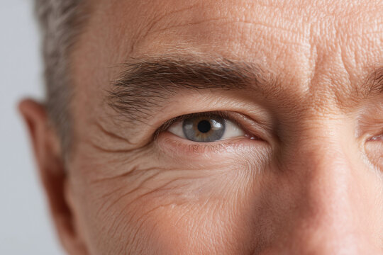 Close up of mature man eye with healthy skin showing fine wrinkles and natural texture, conveying calm and wisdom in detailed macro shot