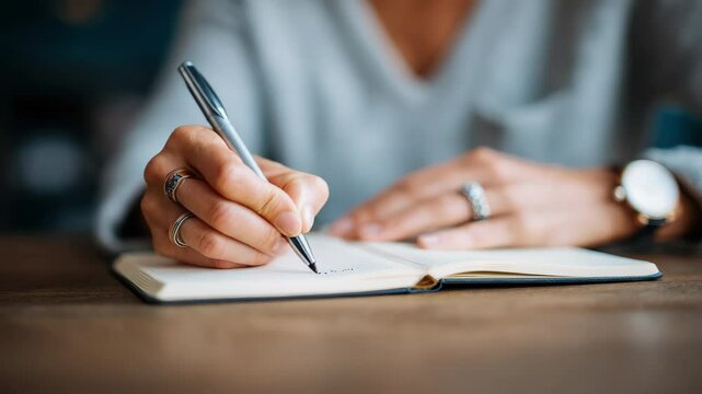 Woman hand writing in notebook with pen, close up on casual indoor workspace, wooden table, silver jewelry and ring, creative inspiration and focus, relaxed atmosphere, journaling or planning concept