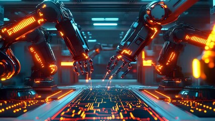 Matrix of robotic arms moving in synced loop with glowing circuits and neon light, AI-powered factory concept - Powered by Adobe