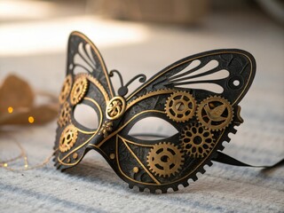 Intricate butterfly shaped steampunk mask adorned with golden gears and delicate detailing