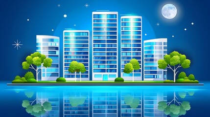 Stylized Cityscape Illustration with Reflective Water and Moonlit Night Sky Aesthetic