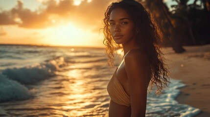 A woman with curly hair stands on a beach at sunset, looking contemplative as the golden light reflects on the water and sand.