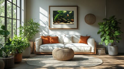 Wooden frame near books and plants on table, sunlit room with minimalist sofa.