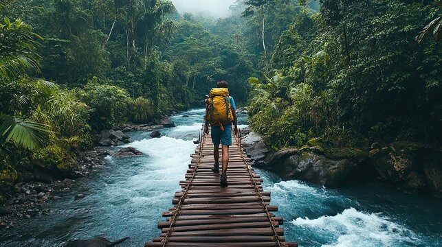 A lone hiker with a yellow backpack crosses a rustic wooden bridge over a rushing river in a dense, green tropical forest. - Powered by Adobe