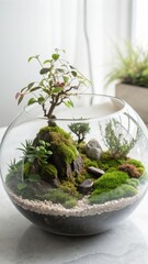 A miniature mossy landscape with a small bonsai tree inside a clear glass bowl