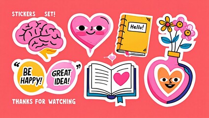 A vibrant collection of cute and colorful stickers featuring a brain hearts flowers a notebook and inspirational quotes on a pink background