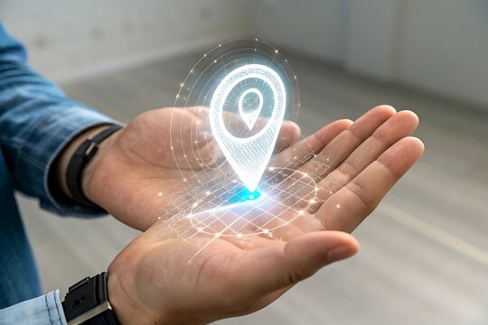 Digital location pin hologram projected from open hands