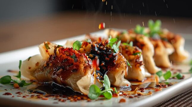 Spicy gyoza dumplings drizzled with flavorful chili soy sauce at an upscale dining establishment