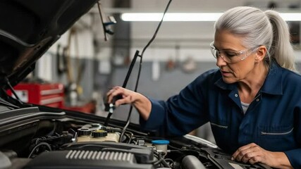 Senior female mechanic carefully inspects engine components under the hood in an auto repair shop - Powered by Adobe