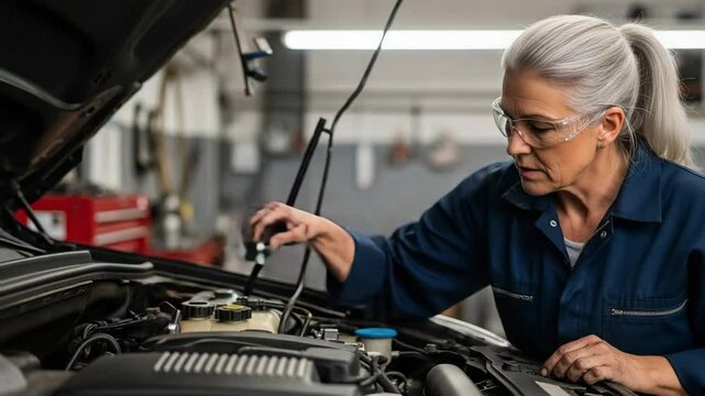 Senior female mechanic carefully inspects engine components under the hood in an auto repair shop