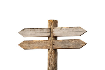Fototapeta premium Simple wooden signpost featuring two horizontal arrow-shaped planks on natural weathered vertical wooden post, isolated on a transparent background