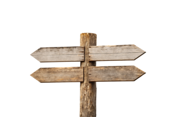 Simple wooden signpost featuring two horizontal arrow-shaped planks on natural weathered vertical wooden post, isolated on a transparent background