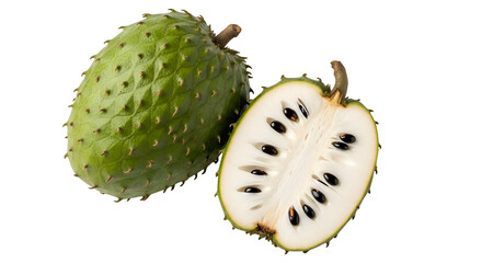 Soursop Fruits Displayed with Slice Showing Seeds on Transparent Background Studio Shot