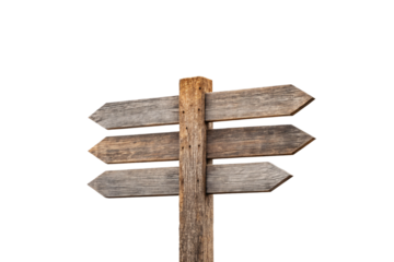 Wooden directional sign with three horizontal arrow planks mounted on rustic weathered fence post, isolated on a transparent background