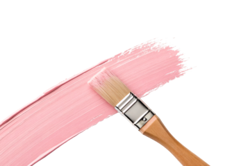 Natural bristle paintbrush with wooden handle spreading soft pink paint in artistic brushstroke pattern, isolated on a transparent background