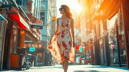 Fototapeta premium A woman in a floral dress walks confidently down a sunlit city street with buildings and shops on either side.