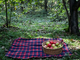 Autumn Picnic Basket Apples Red Plaid Blanket Forest Setting