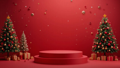 Festive Christmas scene podium, minimalist red background