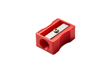 Red pencil sharpener with metal blade and screw, compact plastic design for sharpening writing instruments, isolated on a transparent background