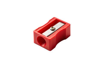 Red pencil sharpener with metal blade and screw, compact plastic design for sharpening writing instruments, isolated on a transparent background