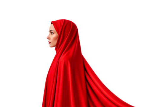 Woman in profile wearing flowing red hooded cloak, dramatic fabric draping, mysterious and elegant pose against white, isolated on a transparent background