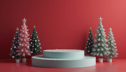Festive Christmas scene podium, minimalist red background