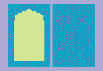 invitation template, wedding card, Indian Mughal style, ethnic window frame, yellow and blue, intricate mandala pattern