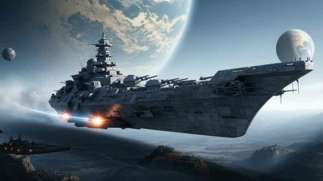 Futuristic Battleship Flying Over Alien Planet with Multiple Moons and Glowing Engines