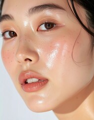Fototapeta premium 日本人, 超リアル, 美しい, 若い女性, 顔, クローズアップ, 欠点のない肌, 輝く肌質, ナチュラルメイク, 柔らかなライティング, 美容CM風, シネマティック, カメラ目線, 高解像度,Japanese, ultra-realistic, beautiful, young woman, face, close-up, flawless skin, glowing complexion
