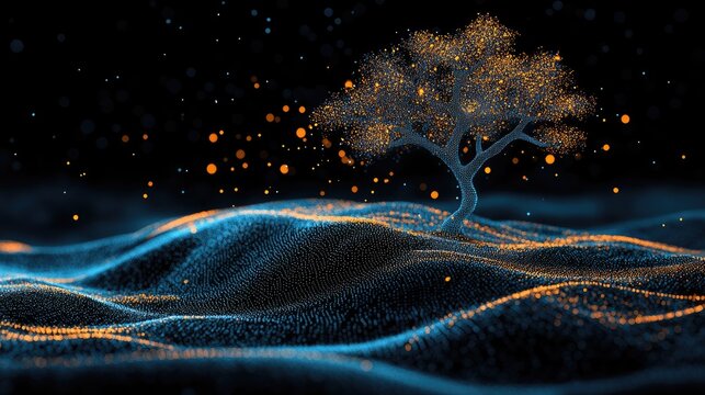 A digital rendering of a lone tree on a mystical landscape.