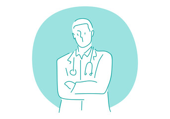 minimalist line art of a confident male doctor standing with folded arms, symbolizing professionalism, trust, and healthcare expertise.