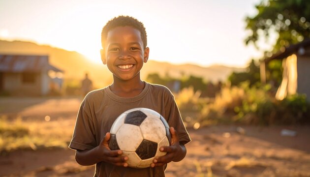 Young boy is holding a soccer ball and smiling. Concept of joy and happiness