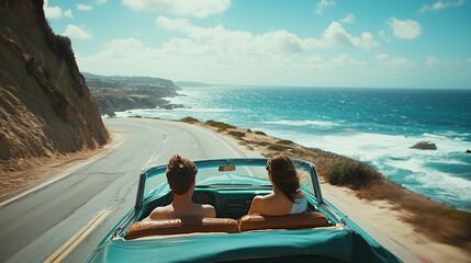 A couple drives a convertible along a coastal road with ocean views under a sunny blue sky.