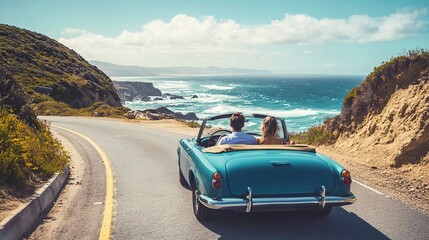 A couple drives a vintage convertible along a scenic coastal road with cliffs, ocean waves, and a clear sky in the background.