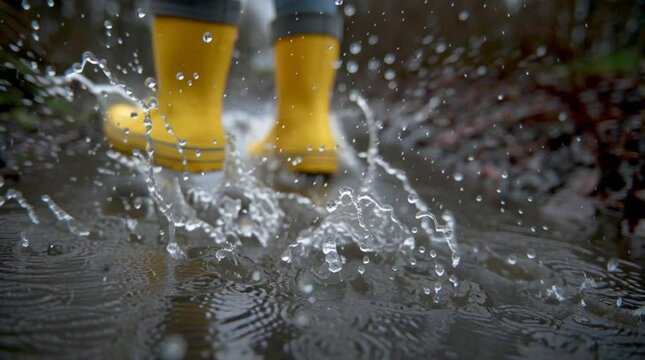 Close-up of a vibrant yellow rain boot splashing into a puddle during a refreshing spring rainfall