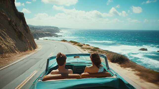A couple drives a convertible along a coastal road with ocean views under a sunny blue sky.