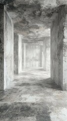 Concrete Hallway Perspective with Minimalist Architecture and Industrial Design