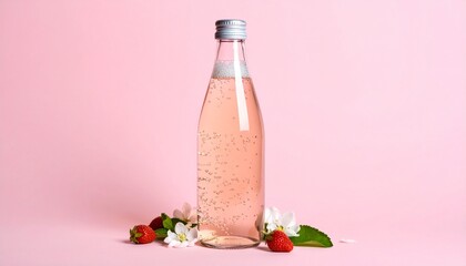 Obraz premium Bubbles enveloping a pink sparkling water bottle in the composition 