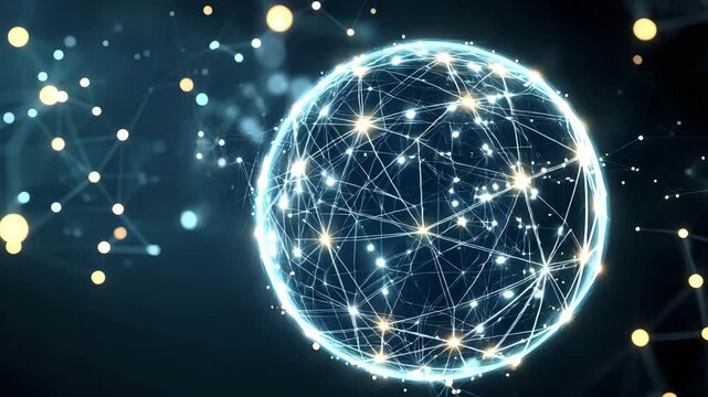 Motion loop of neural net sphere spinning with lights connecting nodes in digital space, AI theme