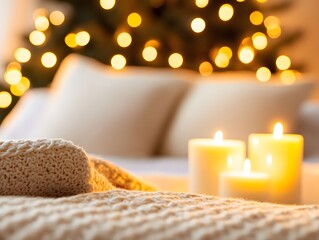 Cozy Christmas Bedroom,  Knit Blanket, Candles, and Festive Lights