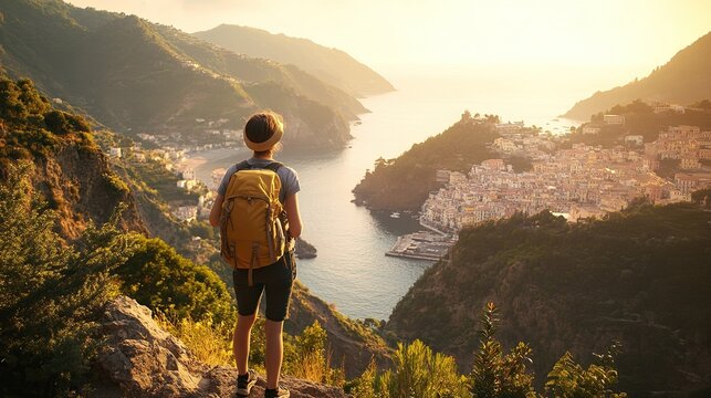 A lone hiker with a backpack overlooks a coastal town nestled between sunlit mountains during golden hour.