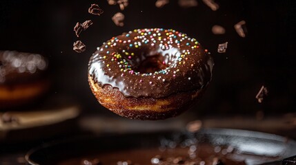Chocolate donut with sprinkles suspended in air