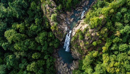 Cascading waterfall drops amidst verdant jungle, rocky banks, and blue pool
