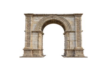Ornate stone archway with detailed carved columns and decorative molding displaying classical architectural elements, isolated on a transparent background