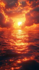 Fiery Sunset Reflecting on Ocean Water with Dramatic Clouds